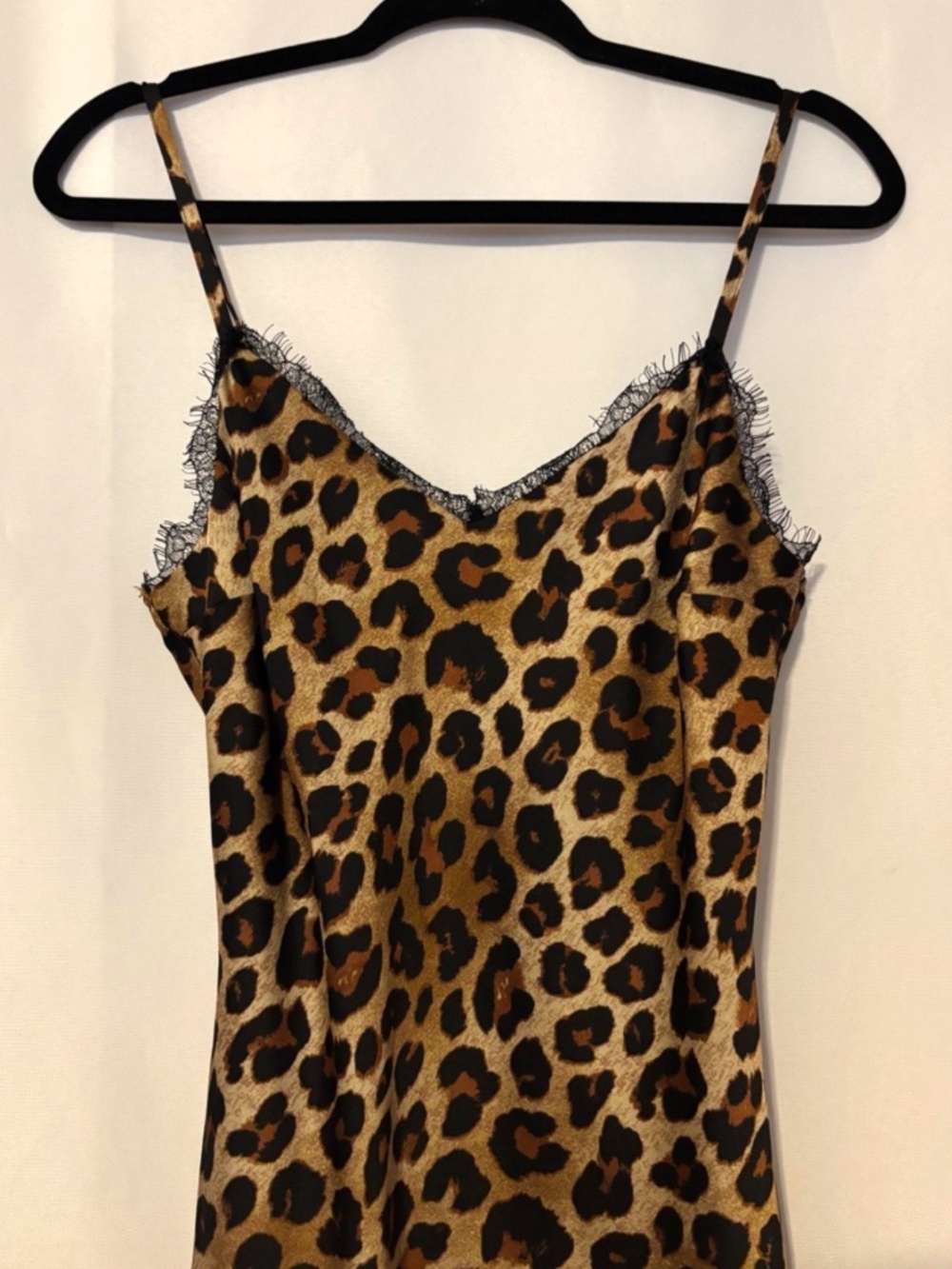 Leopard Print Satin Slip Midi Dress Lace Trim Adjustable Straps Size M